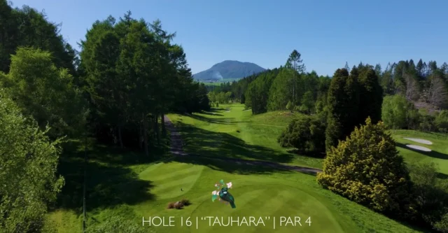 Hole 16 - Tauhara | Par 4 | 374m 

Savouring the incredible view of Mount Tauhara, the fairway's slope and the blind landing area require an assured shot from the tee. Attempting to over-power this hole is met with great risk; play your approach from the centre of the fairway to grant yourself the best look at the large green.