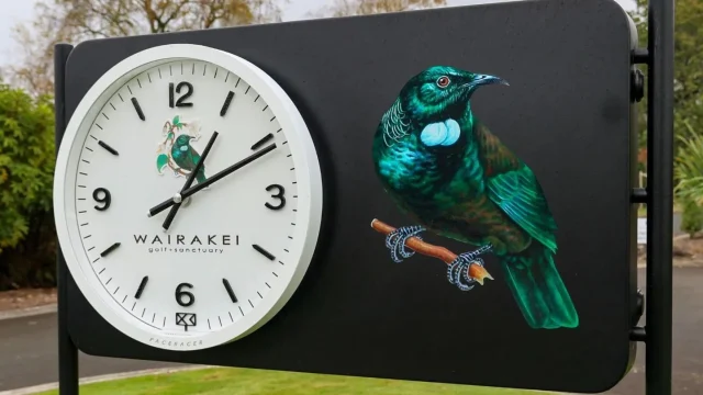 🕒 Our new range clock, featuring the iconic Wairakei Golf + Sanctuary Tui, is here to help you keep an eye on the time while you warm up.